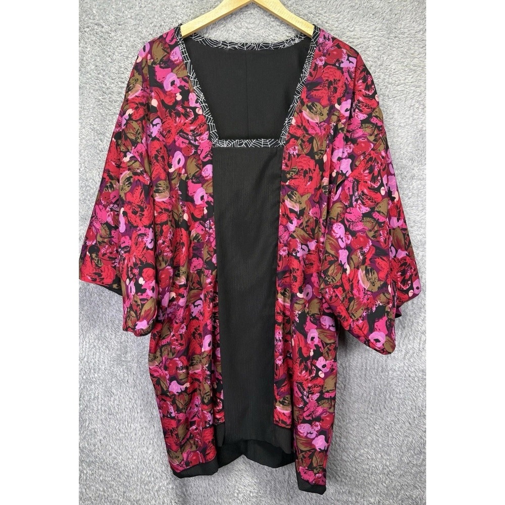 Reversible Womens XL Black Floral Kimono Duster Oversized Lagenlook Art To Wear